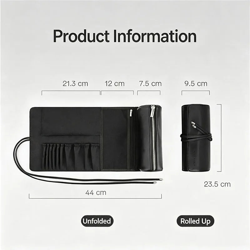 PU Leather Roll-Up Cylinder Makeup Brush Organizer Bag