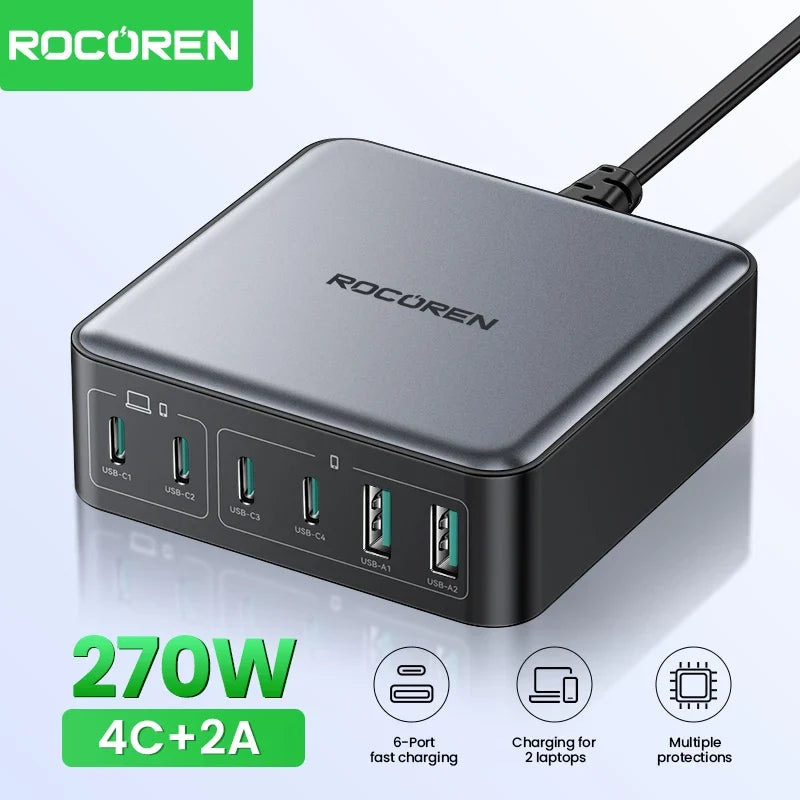 Rocoren 200W GaN Charger 6-Port USB-C PD Fast Charging Station