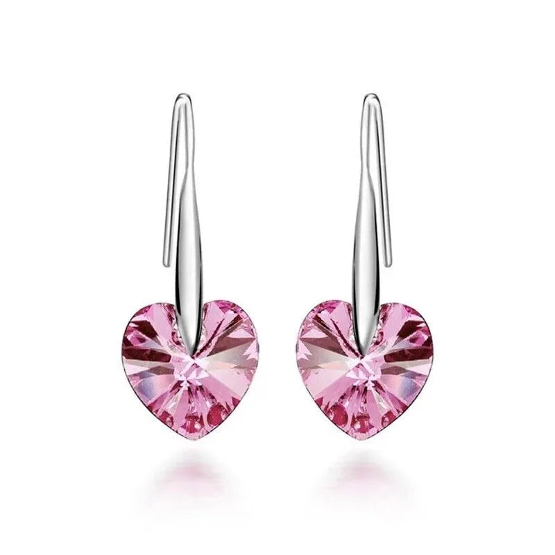 Women's Rhinestone Heart Drop Earrings – Silver & Pink
