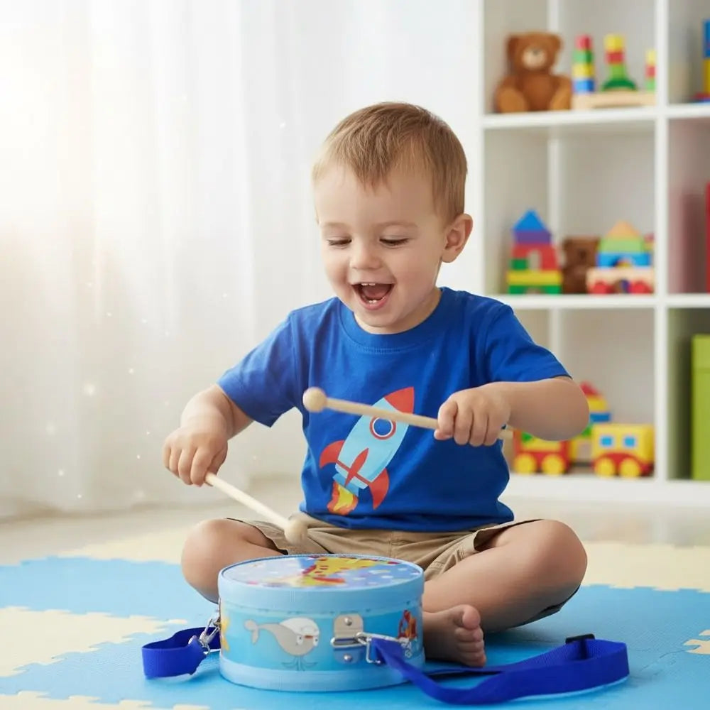 Kids Wooden Percussion Drum – Animal Pattern & Carry Strap
