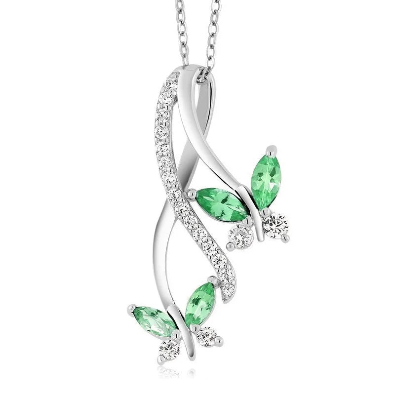 Women's Zircon Butterfly Pendant Necklace | Silver Blue Red Green