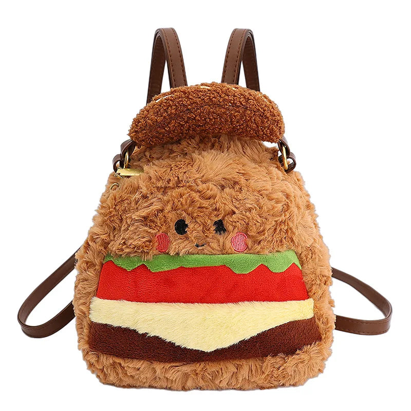 Cute Plush Hamburger Mini Backpack | Novelty Bag for Women