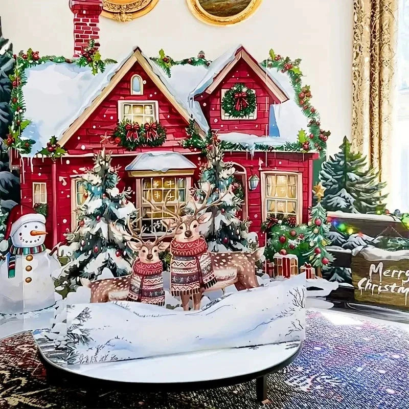 3D Pop-Up Christmas Card – Santa, Reindeer & Snowy Village