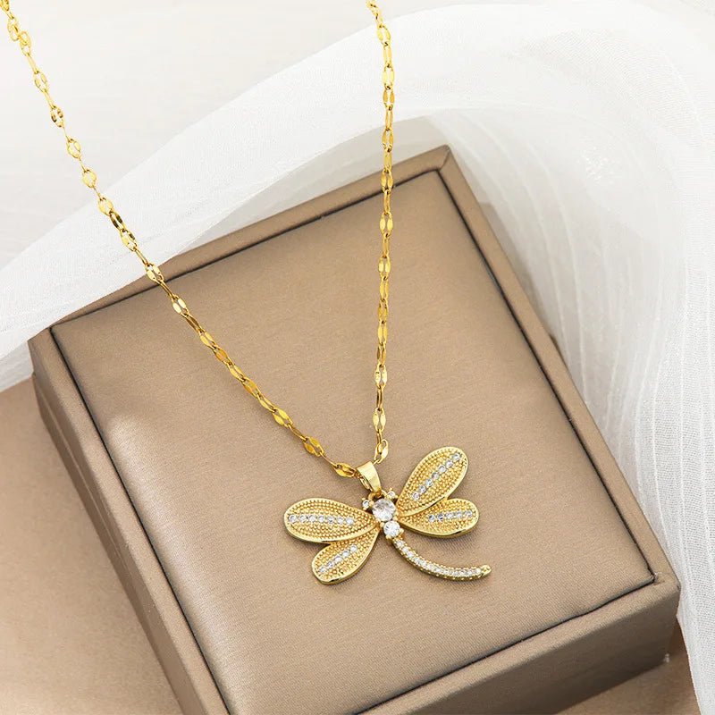 Zircon Dragonfly Pendant Necklace Gold Plated for Women