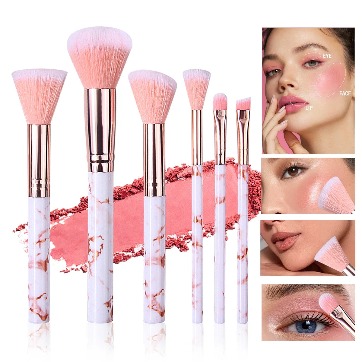Pink 6-Piece Makeup Brush Set – Blush, Contour & Eyeshadow