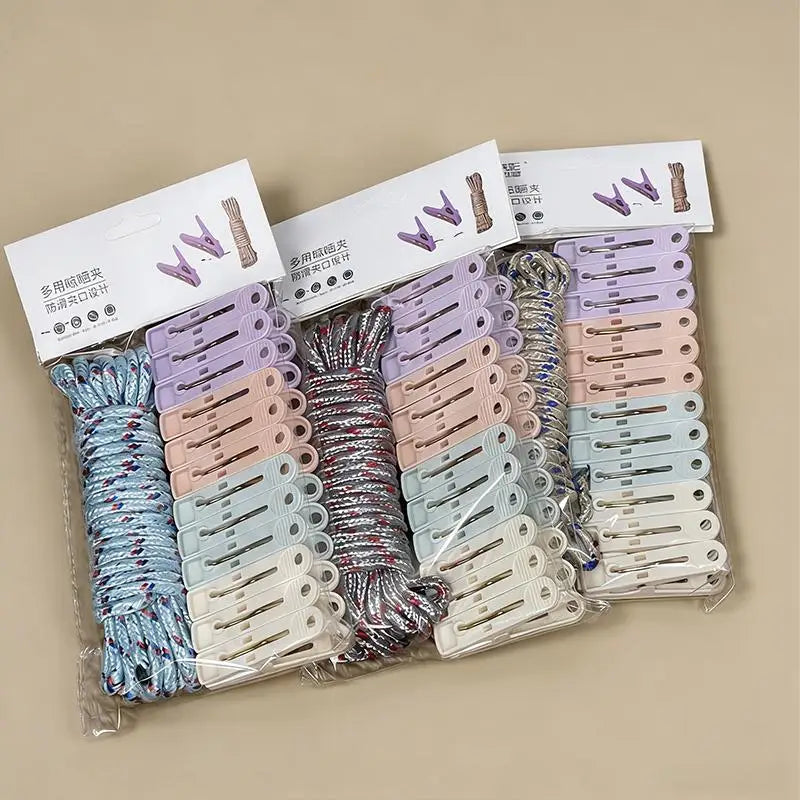 12-Clip Colorful Windproof Clothesline Set – Nylon Drying Clips