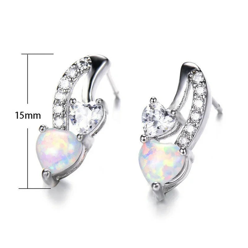Women's Silver Blue Simulated Opal Heart Stud Earrings