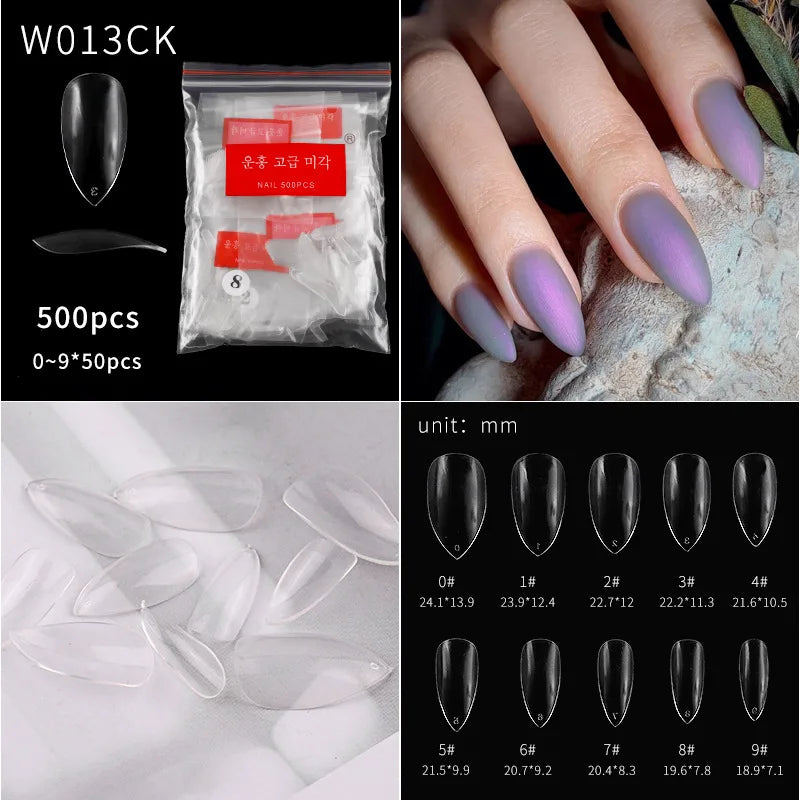 500pcs Clear Acrylic False Nails – Almond Stiletto Full Cover Tips