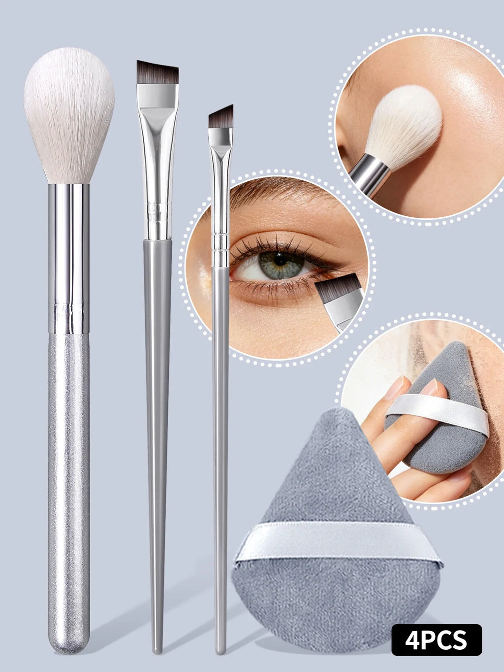 4PCS Cosmetic Brush Set – Powder, Eyebrow & Puff Brushes