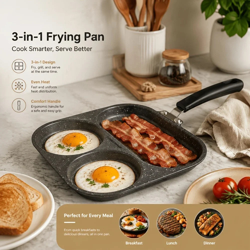 3-in-1 Non-Stick Divided Breakfast Skillet – Egg & Bacon Pan