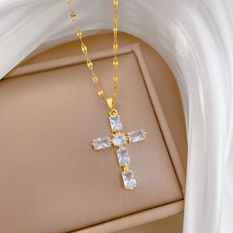 Women's Gold Cross Pendant Necklace – Stainless Steel Choker