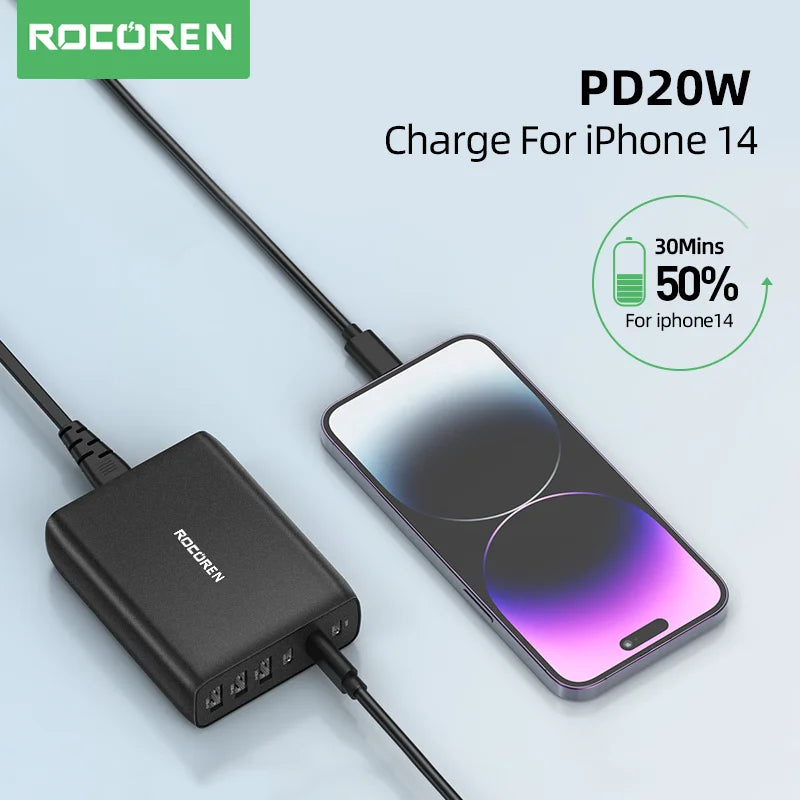 Rocoren 100W GaN Desktop Charger 6-Port USB-C PD Fast Charge