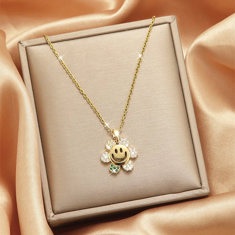 Sunflower Pendant Necklace – Gold Copper & Zircon for Women