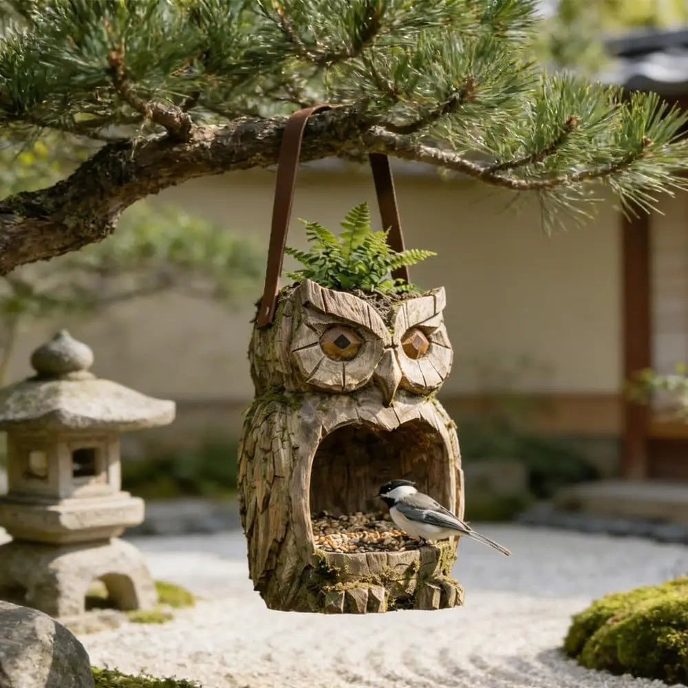 Owl Bird Feeder – Realistic Resin Hanging Feeder for Garden