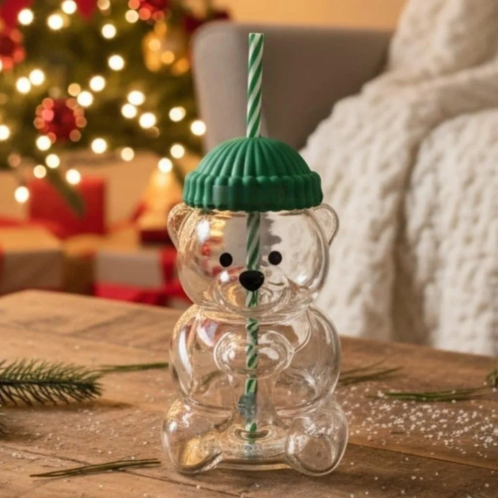 Teddy Bear Glass Cup with Lid & Straw – Large Capacity