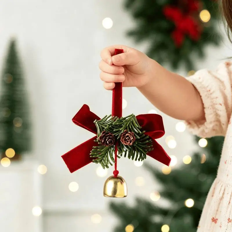 Plush Christmas Tree Ornament with Bow & Brass Bell | Xmas Decor