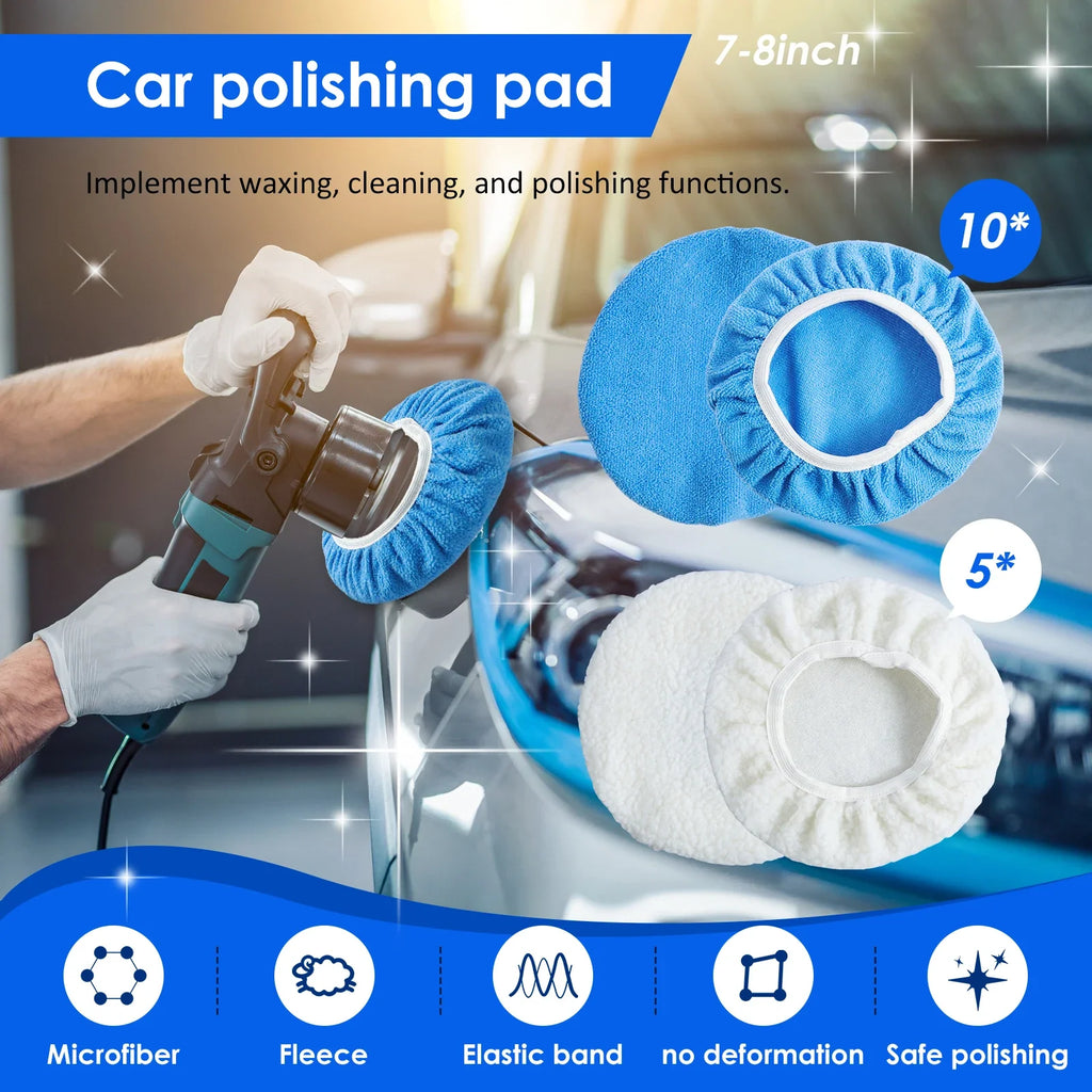 15Pcs Car Polishing Buffing Pad Set 7-10 Inch Microfiber & Wool