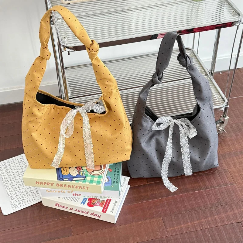 Women's Large Canvas Tote Bag – Polka Dot Shoulder Bag