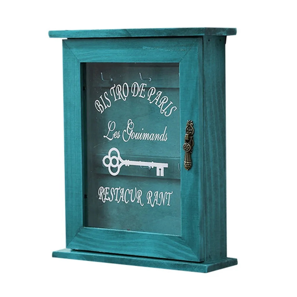 Vintage Wooden Key Cabinet – Wall Mounted, 6 Hooks & Glass Door
