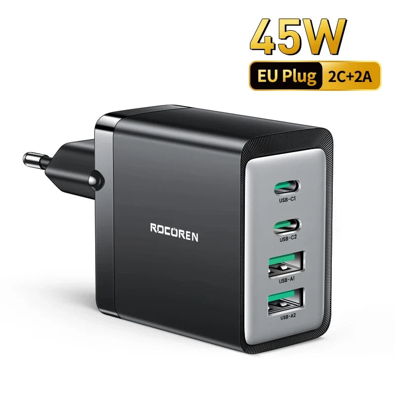 Rocoren 45W GaN 4-Port USB-C PD Fast Charger for iPhone & Samsung