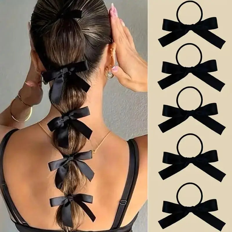 5pcs Black Bow Hair Ties Elastic Scrunchies & Ponytail Holders