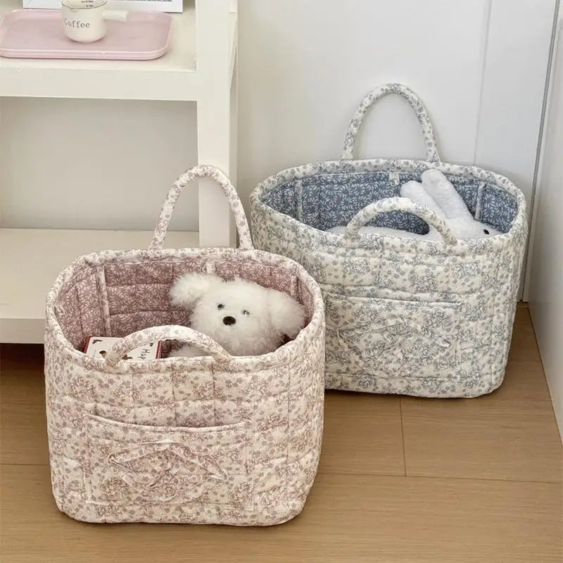Large Quilted Floral Storage Basket with Handles – Foldable
