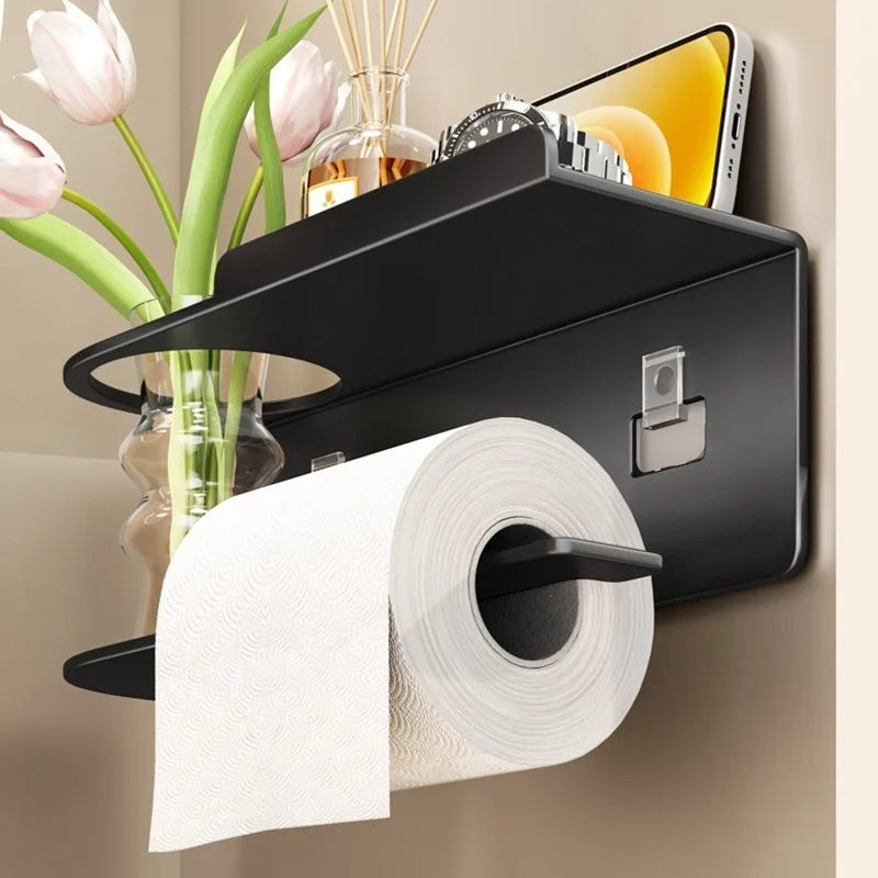 Wall-Mounted Toilet Paper Holder with Storage Shelf | Steel