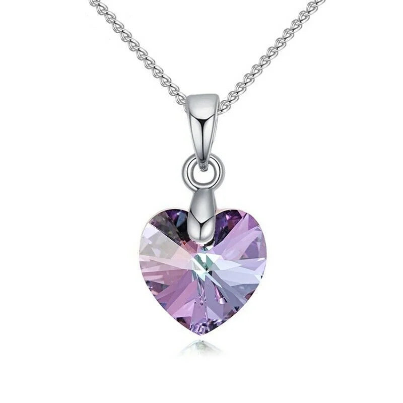 Women's Silver Purple Zircon Heart Necklace & Earrings Set