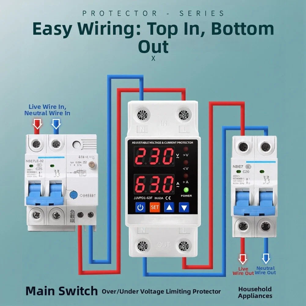 Din Rail Dual Display Over/Under Voltage & Current Protector