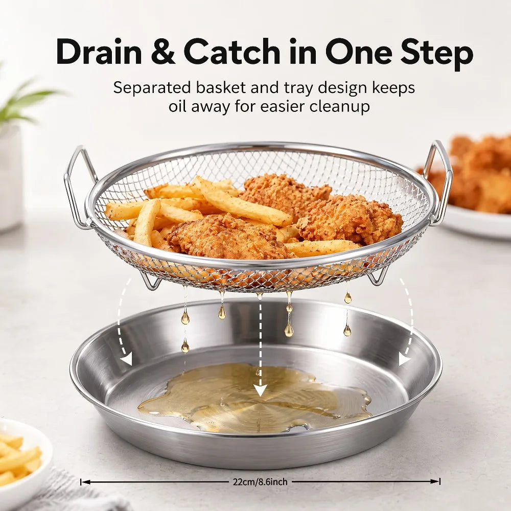2-Pc Stainless Steel Frying Draining Basket & Tray Set