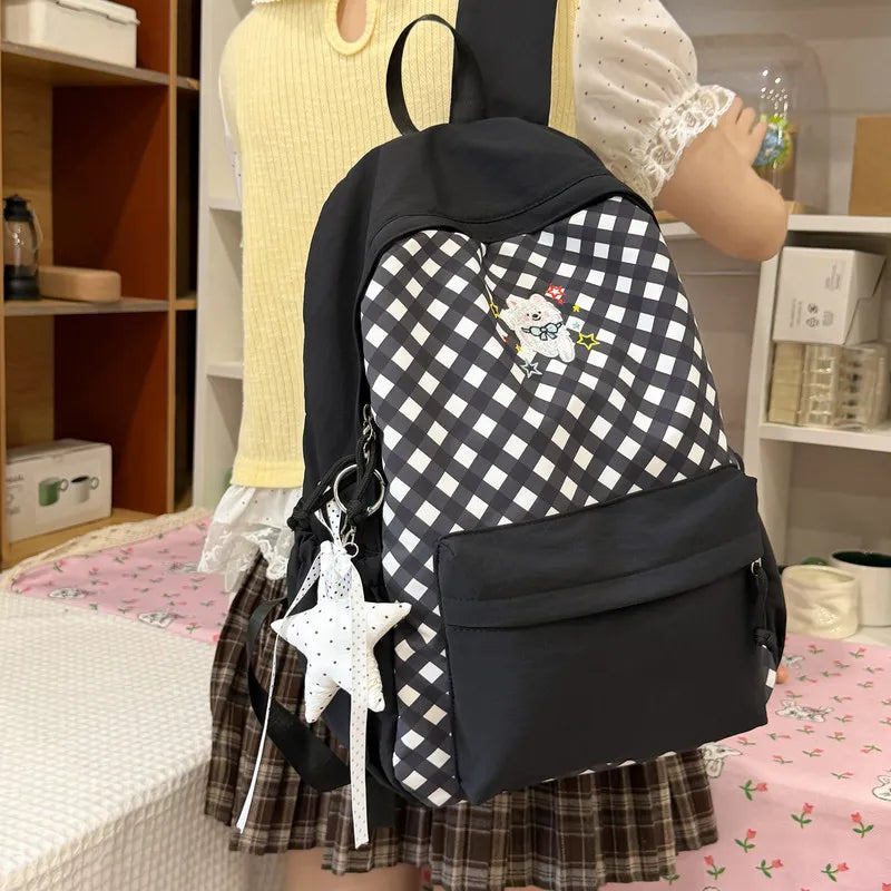 Korean Plaid Embroidered Backpack for Women – Large Capacity