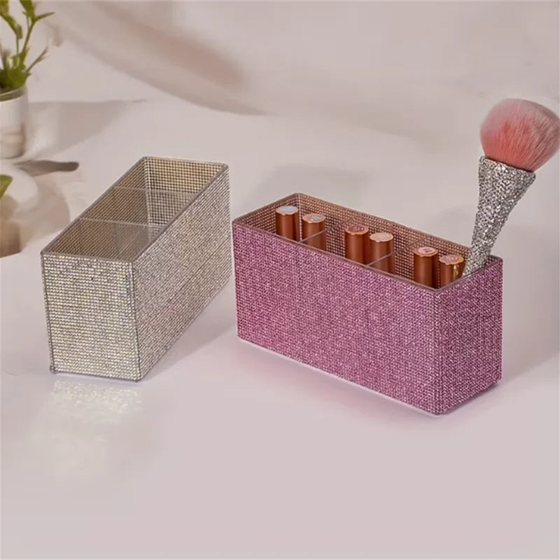 Rhinestone Makeup Brush Organizer – 3-Compartment Acrylic Box