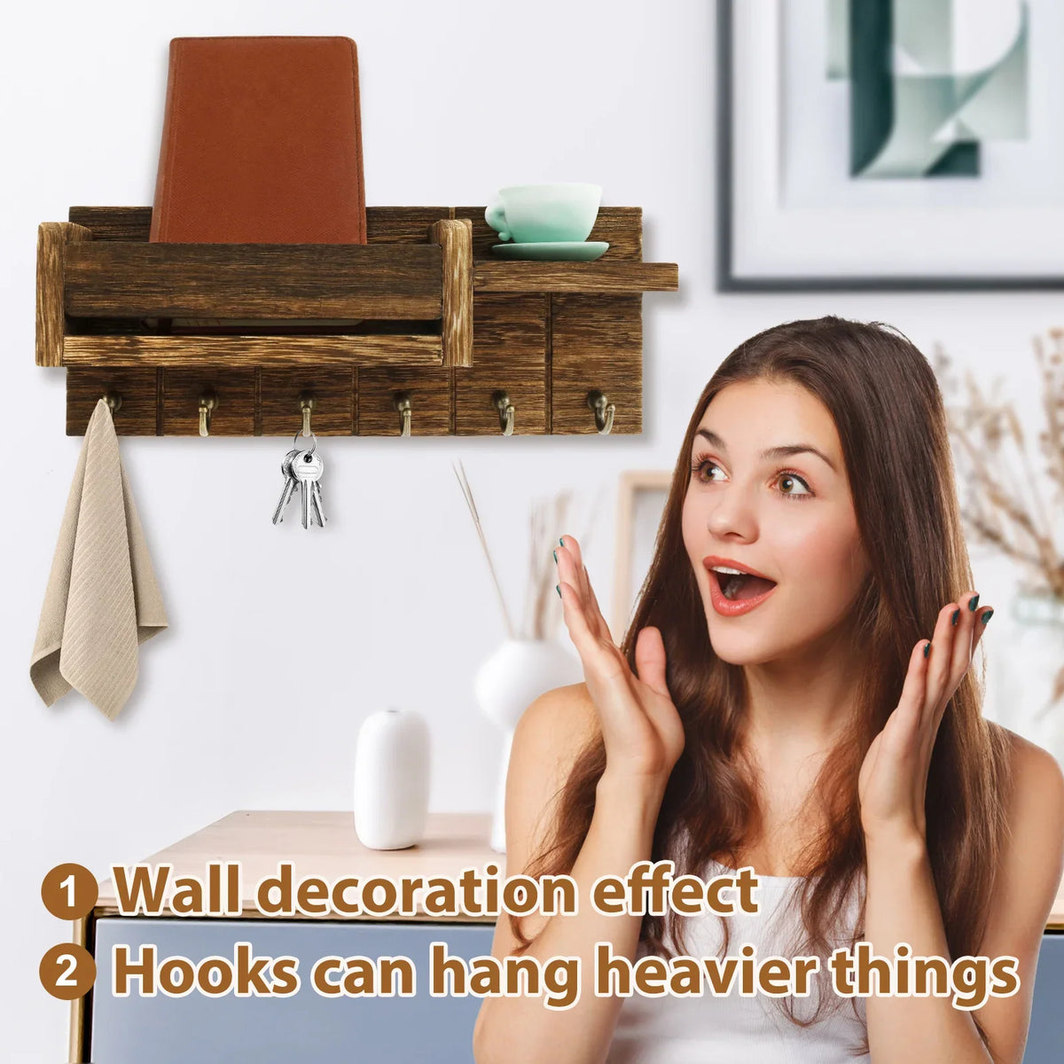 Wall Mount Mail Organizer & Key Holder with Shelf & Hooks