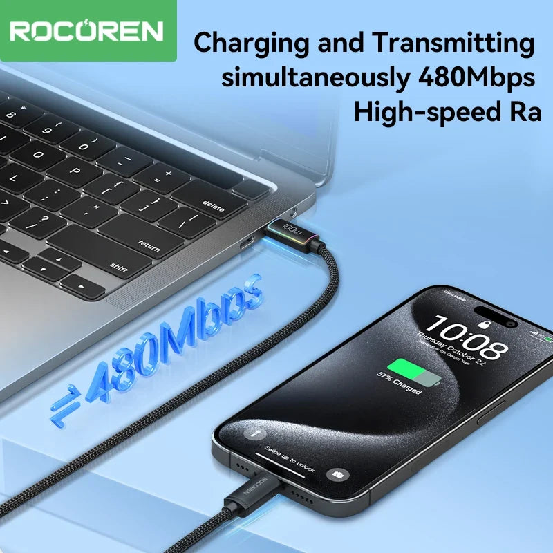 Rocoren 240W USB-C Cable RGB PD 3.1 QC 3.0 Fast Charging Cord