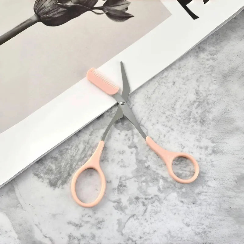 Pink Eyebrow Scissors with Built-In Comb – Stainless Steel