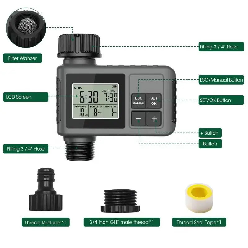 Automatic Garden Water Timer IPX7 LCD Irrigation Scheduler