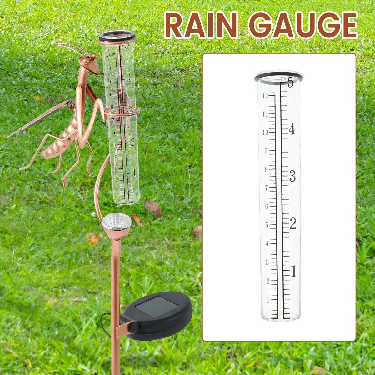 Solar Mantis Rain Gauge with LED Light – Decorative Garden Tool