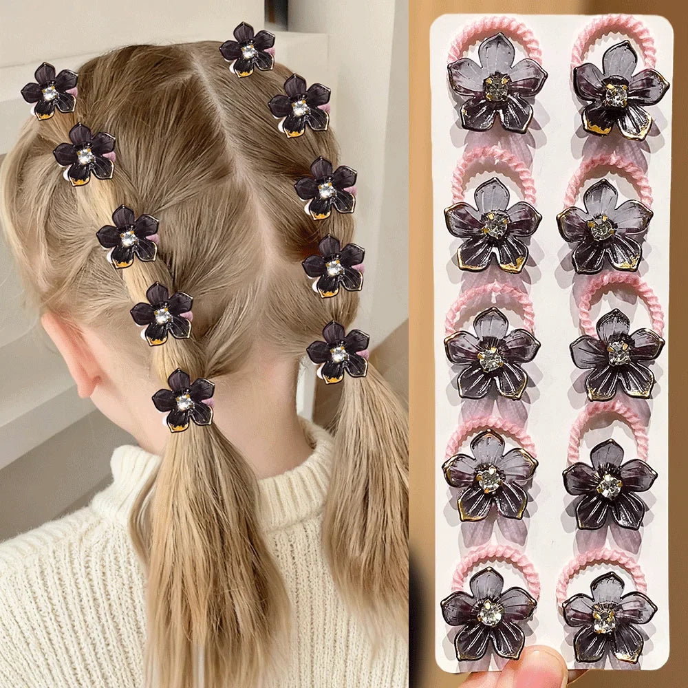 10pcs Girls Rhinestone Flower Elastic Hair Ties | Hair Bands