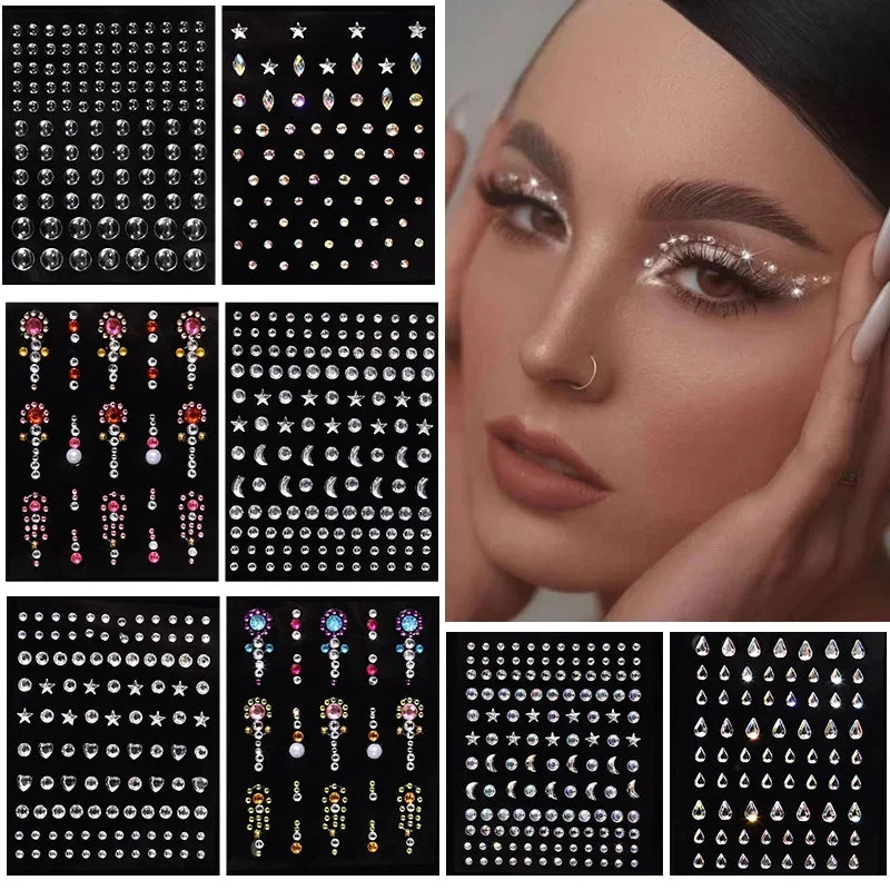 Rhinestone Face & Eye Gem Stickers – 15 Sheets Crystal Body Art