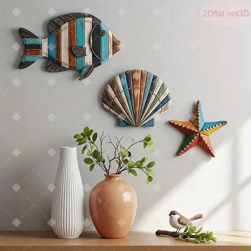 3-Piece Ocean Wooden Wall Art – Fish Shells Starfish Décor Set