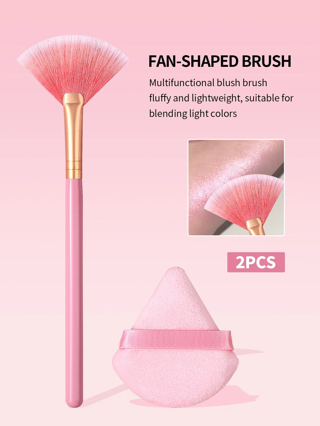 Nixie Pink Fan Brush Set – Highlighter, Blush & Sponge