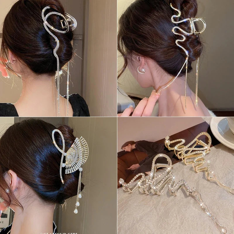 Snake Crystal Tassel Hair Claw Clips – Geometric Metal Women