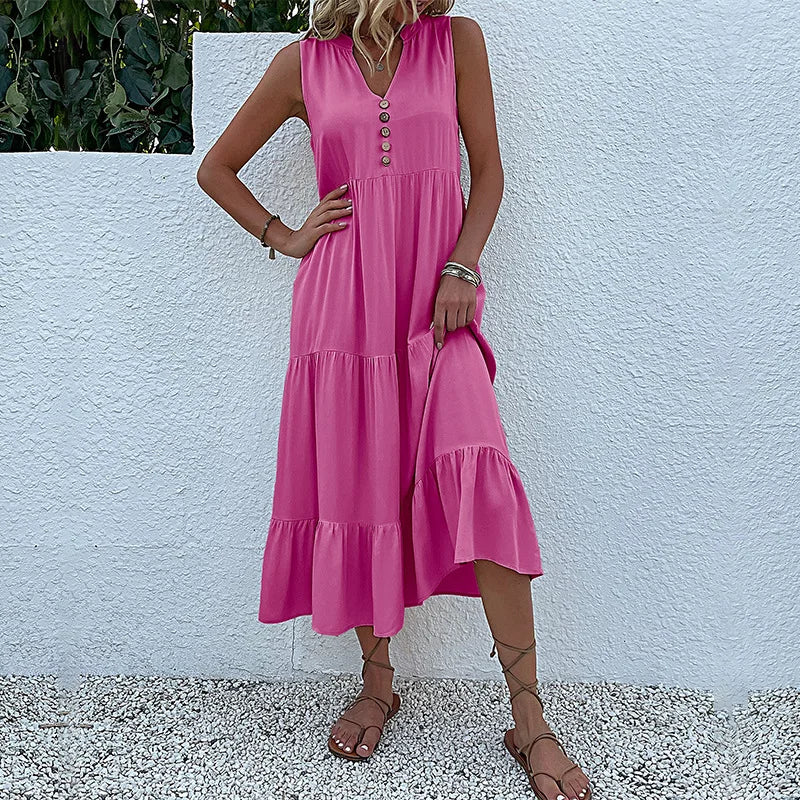 Women's Sleeveless V-Neck Ruffle Midi Sundress | SAILASIDIYA