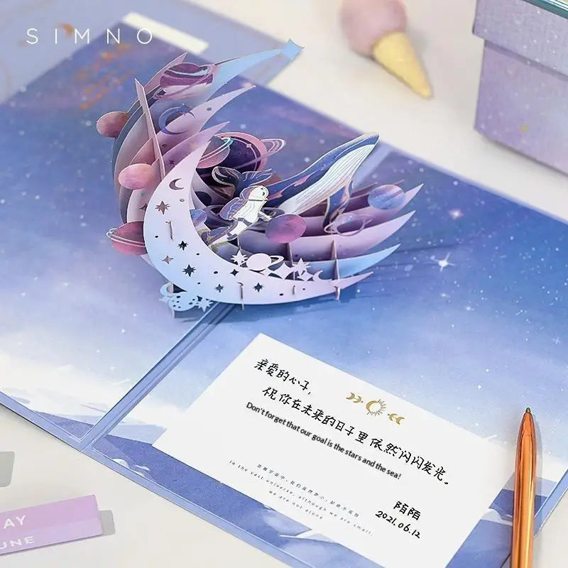 3D Pop-Up Galaxy Greeting Card – Astronaut Moon Whale Design