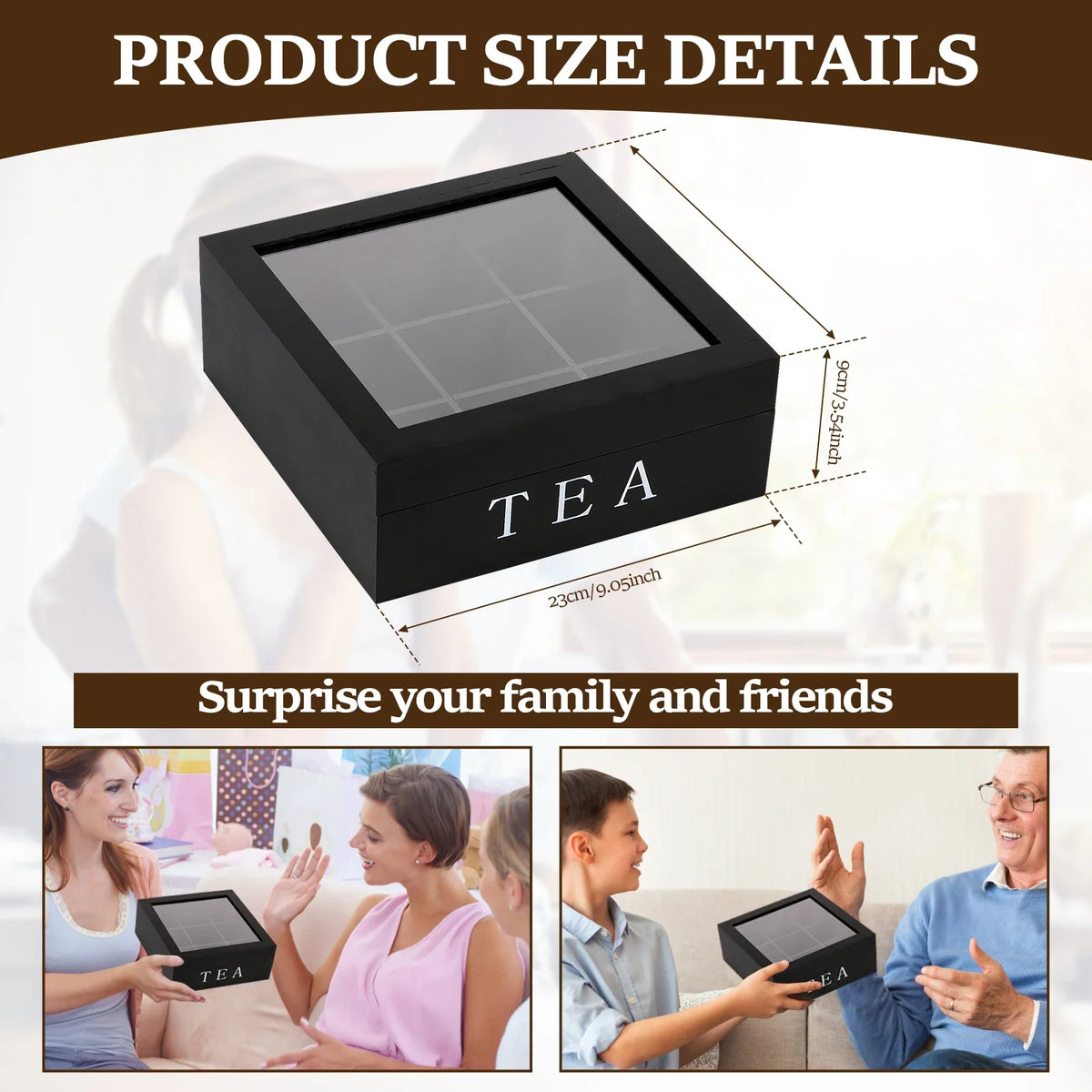 Wooden Tea Bag Organizer – 9 Compartments & Clear Lid