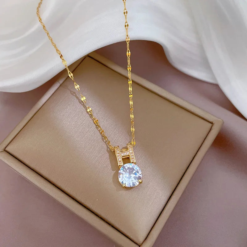Women's Gold Zircon Pendant Necklace – Stainless Steel Chain