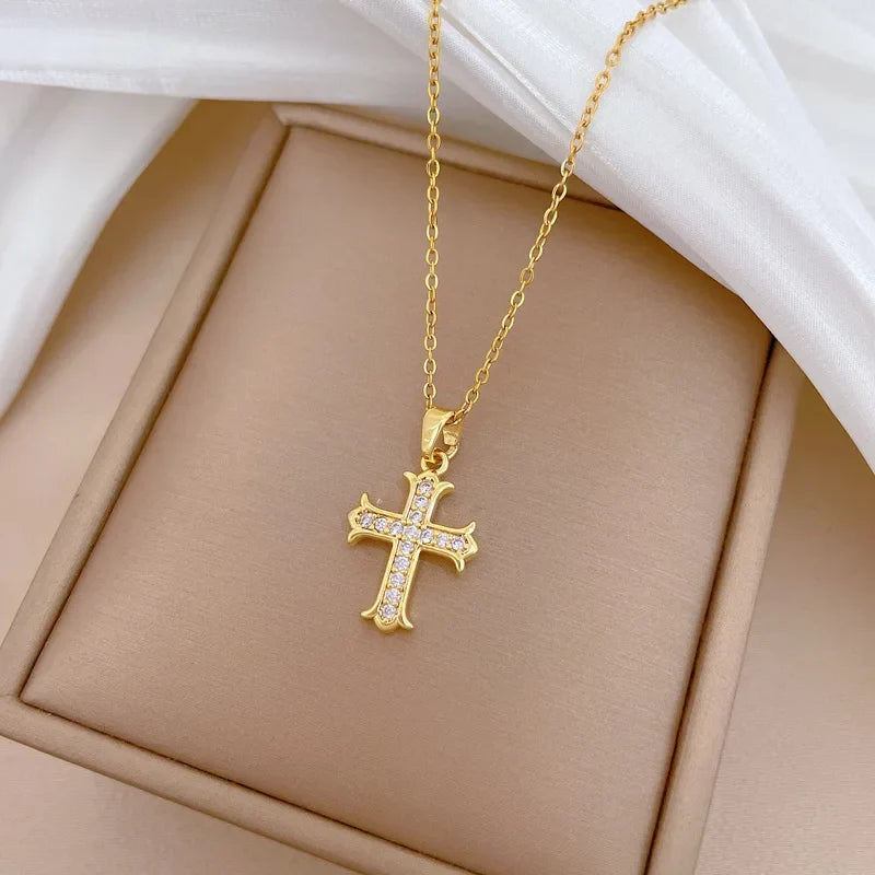 Women's Gold Cross Pendant Necklace – Stainless Steel Choker