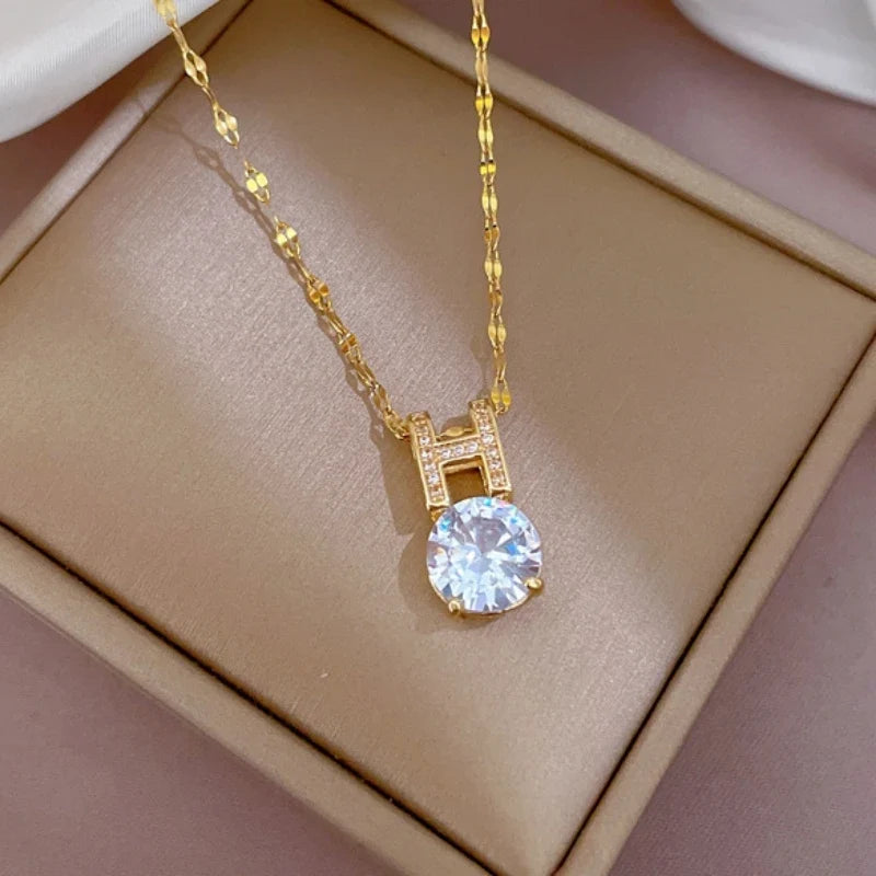 Women's Gold Zircon Pendant Necklace – Stainless Steel Chain