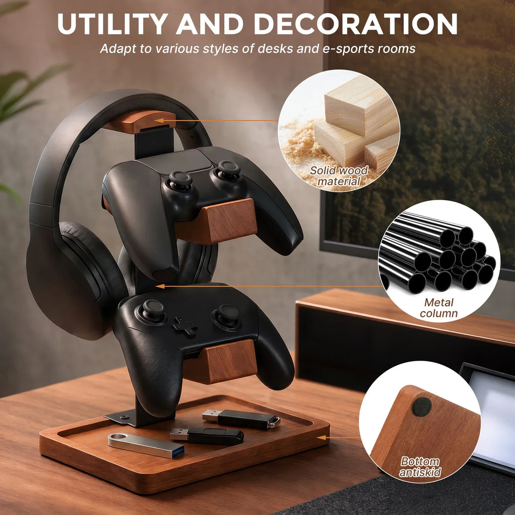 Solid Wood 3-Tier Headphone & Gamepad Organizer Stand