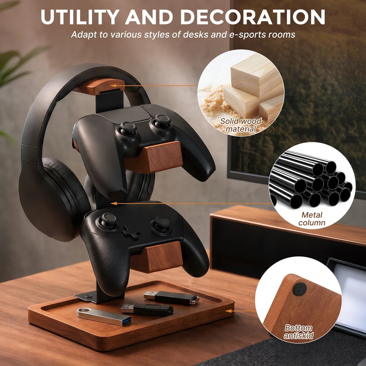 Solid Wood 3-Tier Headphone & Gamepad Organizer Stand